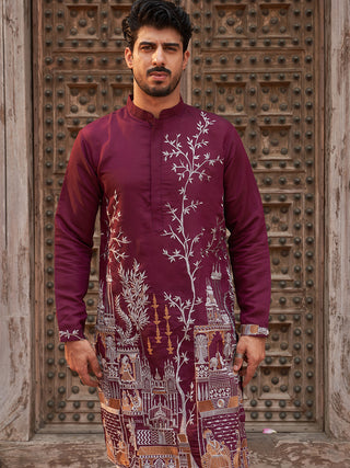 Purple Embroidered Straight Kurtas For Men