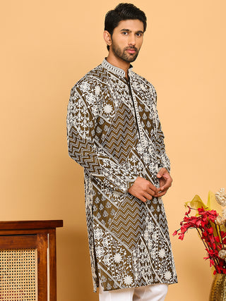 Floral Embroidery Silk Blend Kurtas for Men