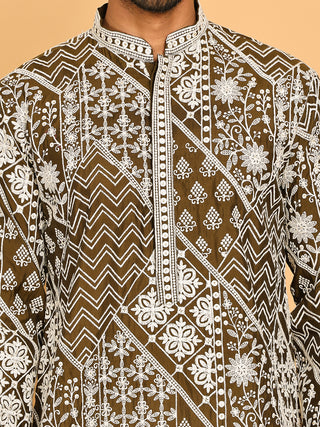 Floral Embroidery Silk Blend Kurtas for Men