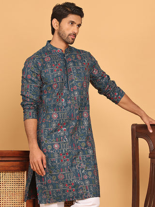 Blue Embroidered Straight Kurtas For Men