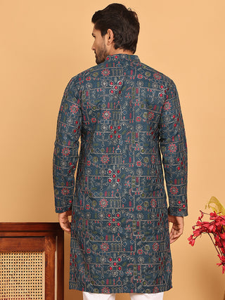 Blue Embroidered Straight Kurtas For Men