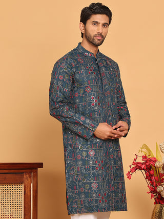 Blue Embroidered Straight Kurtas For Men