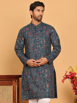 Blue Embroidered Straight Kurtas For Men