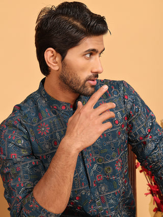 Blue Embroidered Straight Kurtas For Men