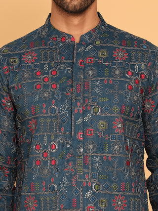 Blue Embroidered Straight Kurtas For Men