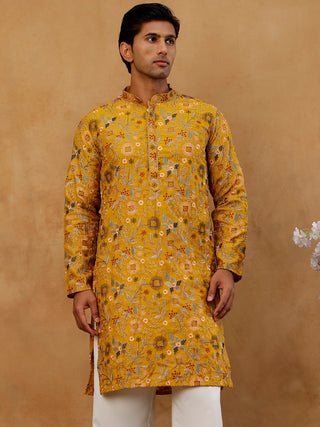 Silk Blend Floral Embroidered Kurta for Men