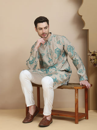 Stylish Beige Kurtas with Artistic Teal Paisley Print