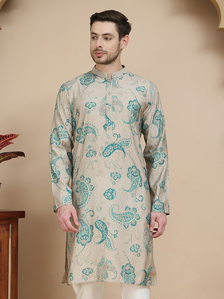 Stylish Beige Kurtas with Artistic Teal Paisley Print