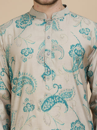 Stylish Beige Kurtas with Artistic Teal Paisley Print