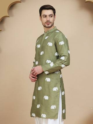 Elephant Embroidered Silk Blend Kurtas for Men
