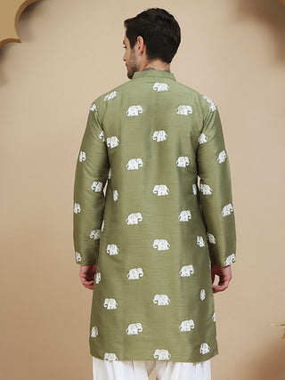 Elephant Embroidered Silk Blend Kurtas for Men