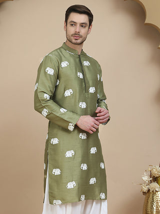 Elephant Embroidered Silk Blend Kurtas for Men