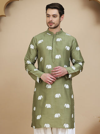 Elephant Embroidered Silk Blend Kurtas for Men
