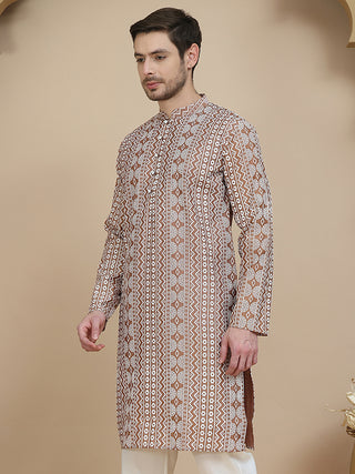 Geometric Print Silk Blend Straight Kurtas for Men
