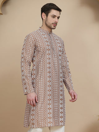Geometric Print Silk Blend Straight Kurtas for Men