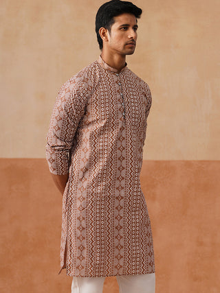 Geometric Print Silk Blend Straight Kurta for Men