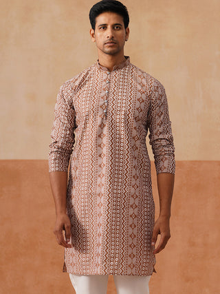 Geometric Print Silk Blend Straight Kurta for Men