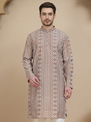 Geometric Print Silk Blend Straight Kurtas for Men