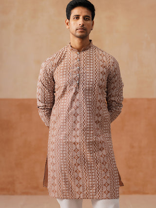 Geometric Print Silk Blend Straight Kurta for Men
