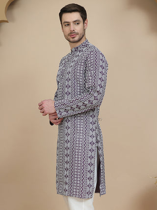 Geometric Print Silk Blend Straight Kurtas for Men