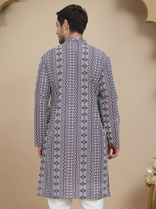 Geometric Print Silk Blend Straight Kurtas for Men