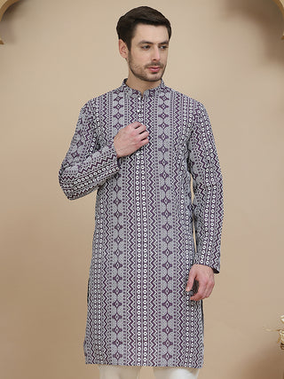 Geometric Print Silk Blend Straight Kurtas for Men