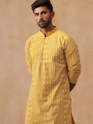 Geometric Print Silk Blend Straight Kurta for Men