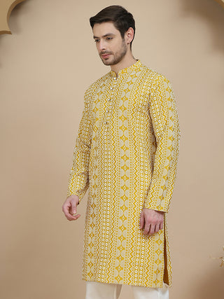 Geometric Print Silk Blend Straight Kurtas for Men