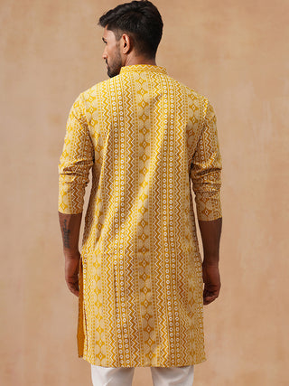 Geometric Print Silk Blend Straight Kurta for Men