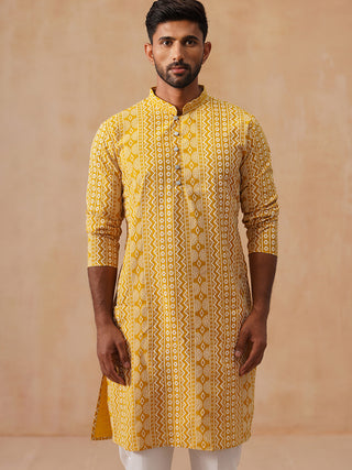 Geometric Print Silk Blend Straight Kurta for Men