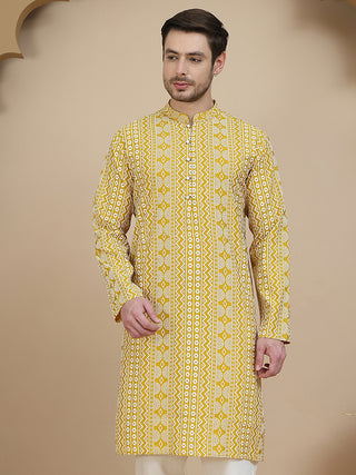 Geometric Print Silk Blend Straight Kurtas for Men
