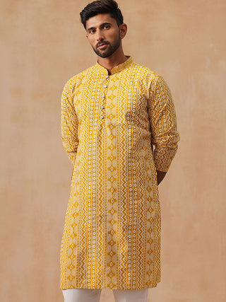 Geometric Print Silk Blend Straight Kurta for Men