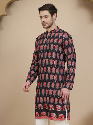 Printed Silk Blend Straight Kurtas for Men