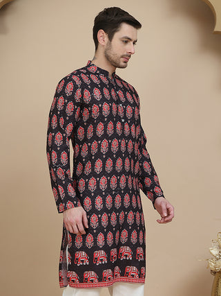 Printed Silk Blend Straight Kurtas for Men