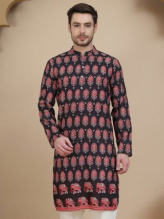 Printed Silk Blend Straight Kurtas for Men