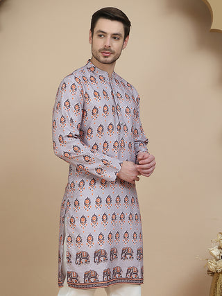 Printed Silk Blend Straight Kurtas for Men