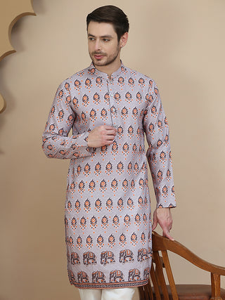 Printed Silk Blend Straight Kurtas for Men