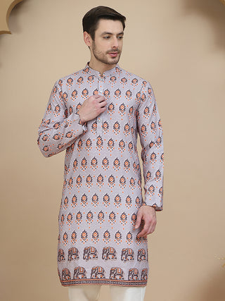 Printed Silk Blend Straight Kurtas for Men