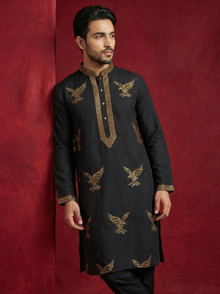 Silk Blend Kurta with Golden Eagle Embroidery