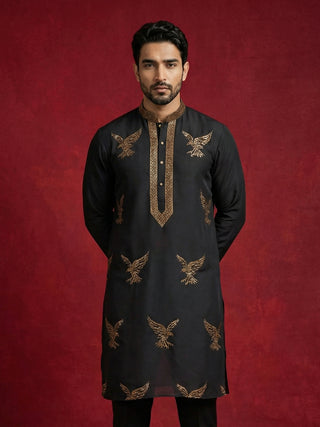 Silk Blend Kurta with Golden Eagle Embroidery