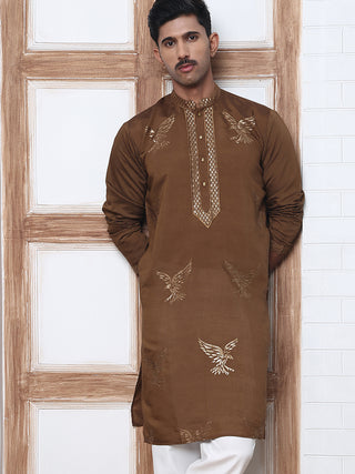 Silk Blend Kurta with Golden Eagle Embroidery