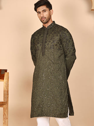 Men's Olive Embroidered Kurtas