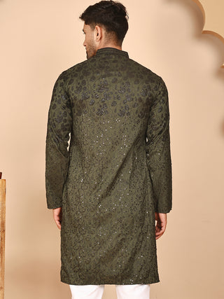 Men's Olive Embroidered Kurtas
