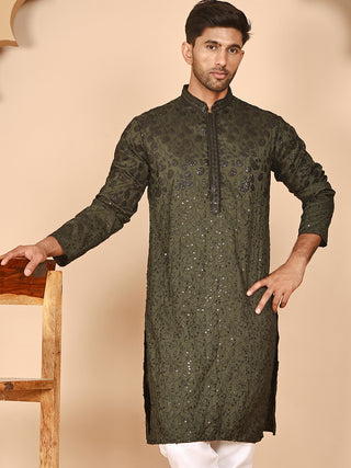 Men's Olive Embroidered Kurtas