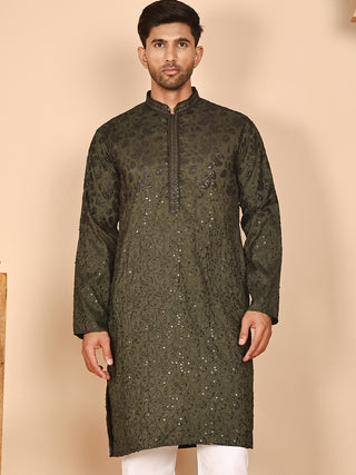 Men's Olive Embroidered Kurtas