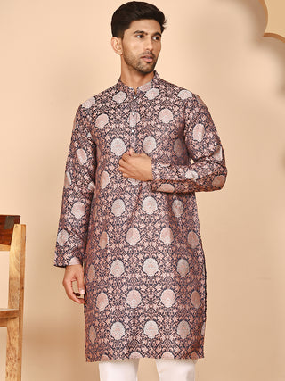 Peach Jacquard Silk Kurtas for Men
