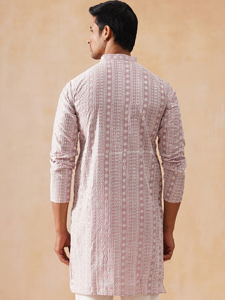 Pink Kurta with White Thread Embroidery