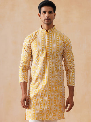 Sunshine Mustard Kurta with White Thread Embroidery