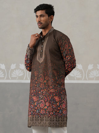 Olive Floral Printed Kurta for Men