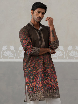 Olive Floral Printed Kurta for Men